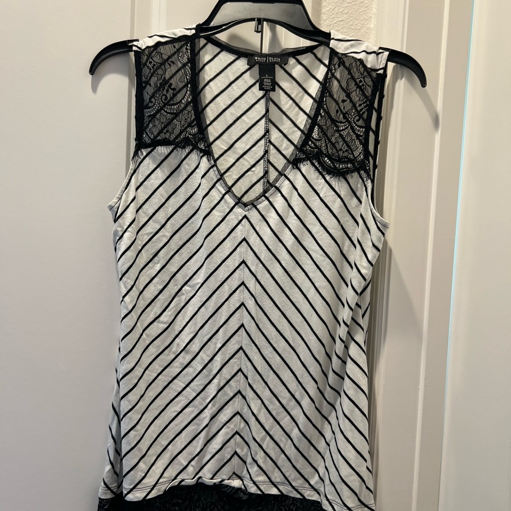 White House Black Market Black and White Striped Lace Tank